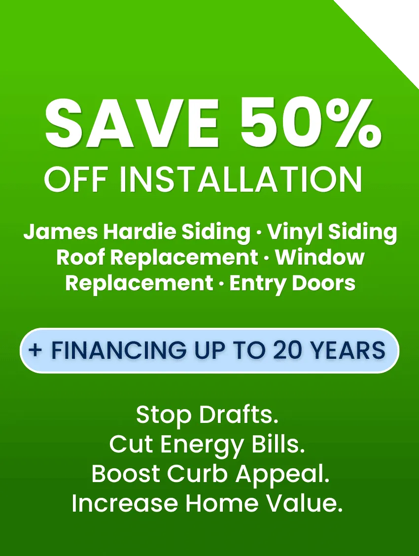 Coastal Windows and Exteriors Spring 2026 promotion 50 percent off installation on James Hardie siding vinyl siding roofing window replacement and entry doors with New England home exterior