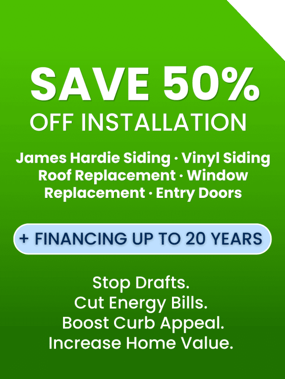 Coastal Windows and Exteriors Spring 2026 promotion 50 percent off installation on James Hardie siding vinyl siding roofing window replacement and entry doors with New England home exterior