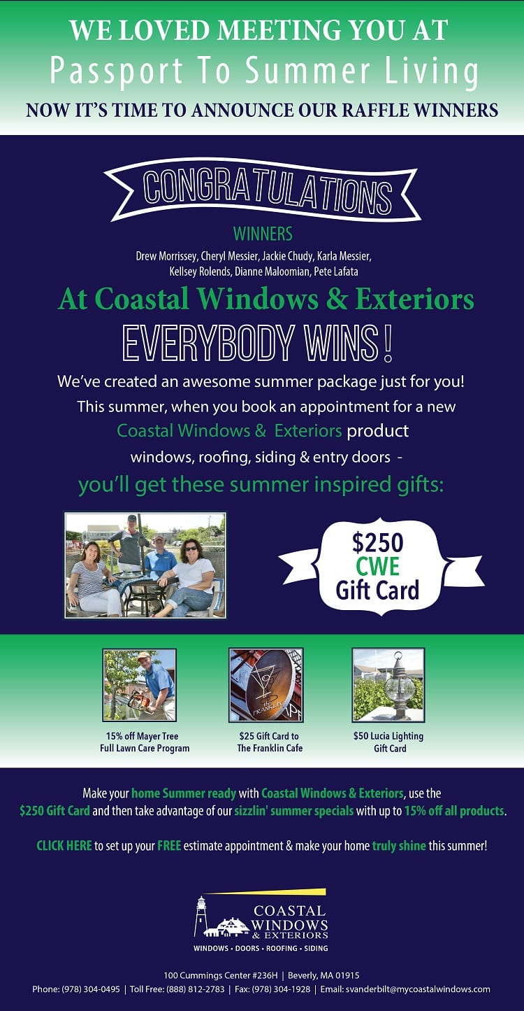 A flyer announces Passport to Summer Living raffle winners at Coastal Windows & Exteriors, listing names and promoting summer-inspired prizes like a $250 gift card and home care services, with contact info and company branding at the bottom.