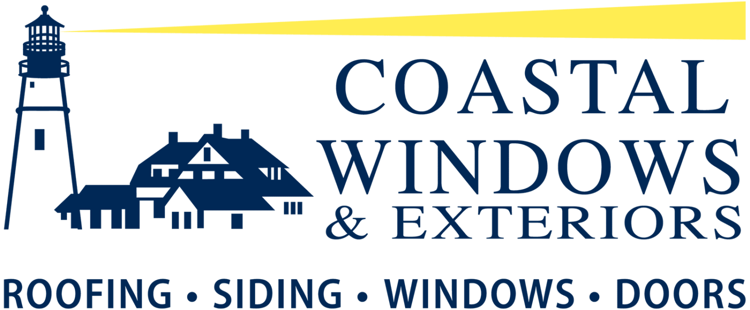 Logo for Coastal Windows & Exteriors, as featured on Fox 25, showcasing a lighthouse shining a beam of light, a house silhouette, and text reading Roofing • Siding • Windows • Doors.