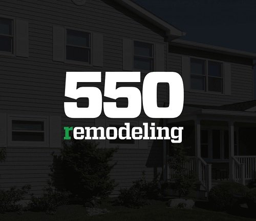 Large white numbers 550 and the words Top Remodeling 550 Contractor appear centered over a dimly lit house exterior. The r in remodeling is green, while the rest of the text is in white.