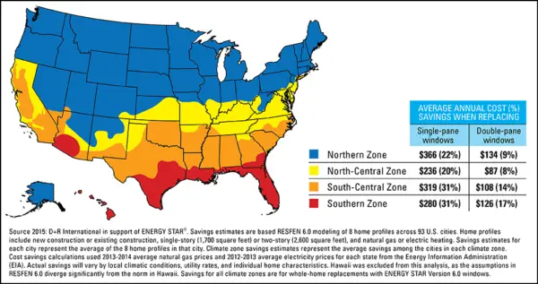 US areas showing where replacement windows save the most energy