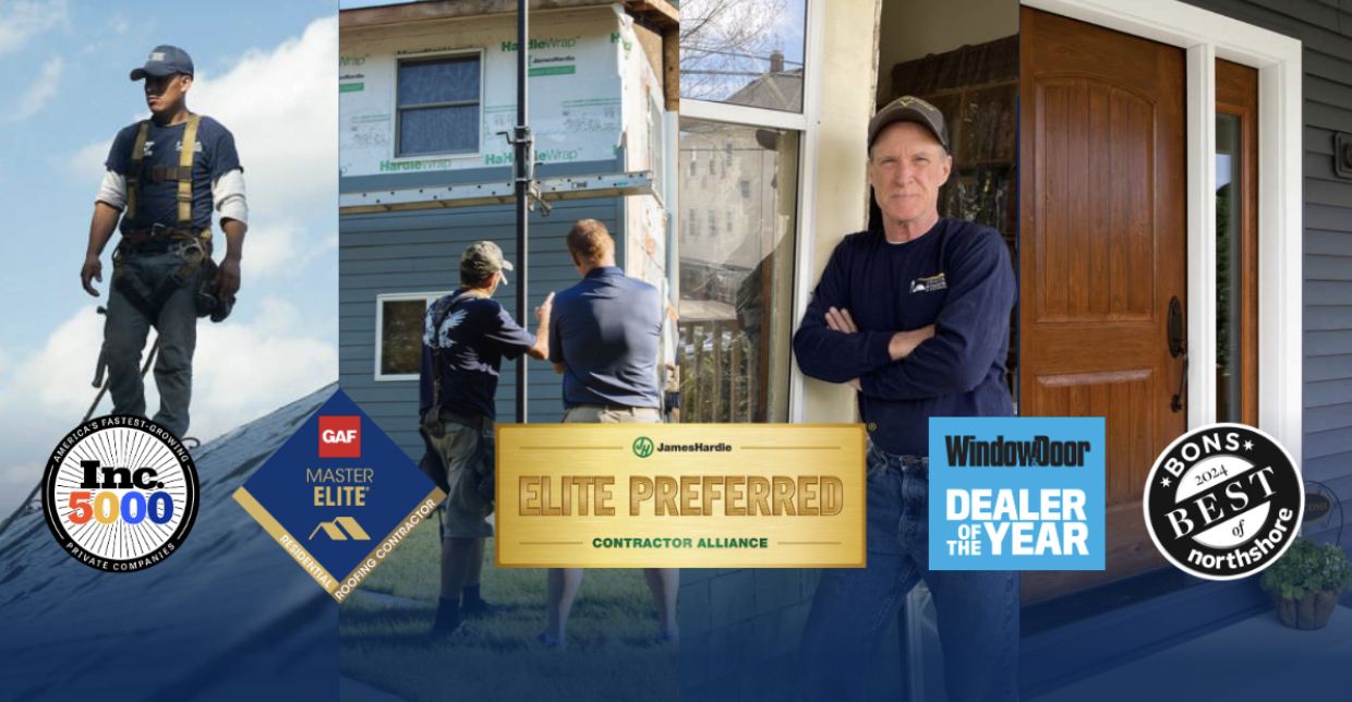 A montage showcases construction workers diligently engaged in building a house surrounded by badges: Inc. 5000, GAF Master Elite, Elite Preferred Contractor, WindowDoor Dealer of the Year, and Bons Northshore Best. These awards highlight their expertise in spring home maintenance and construction excellence.