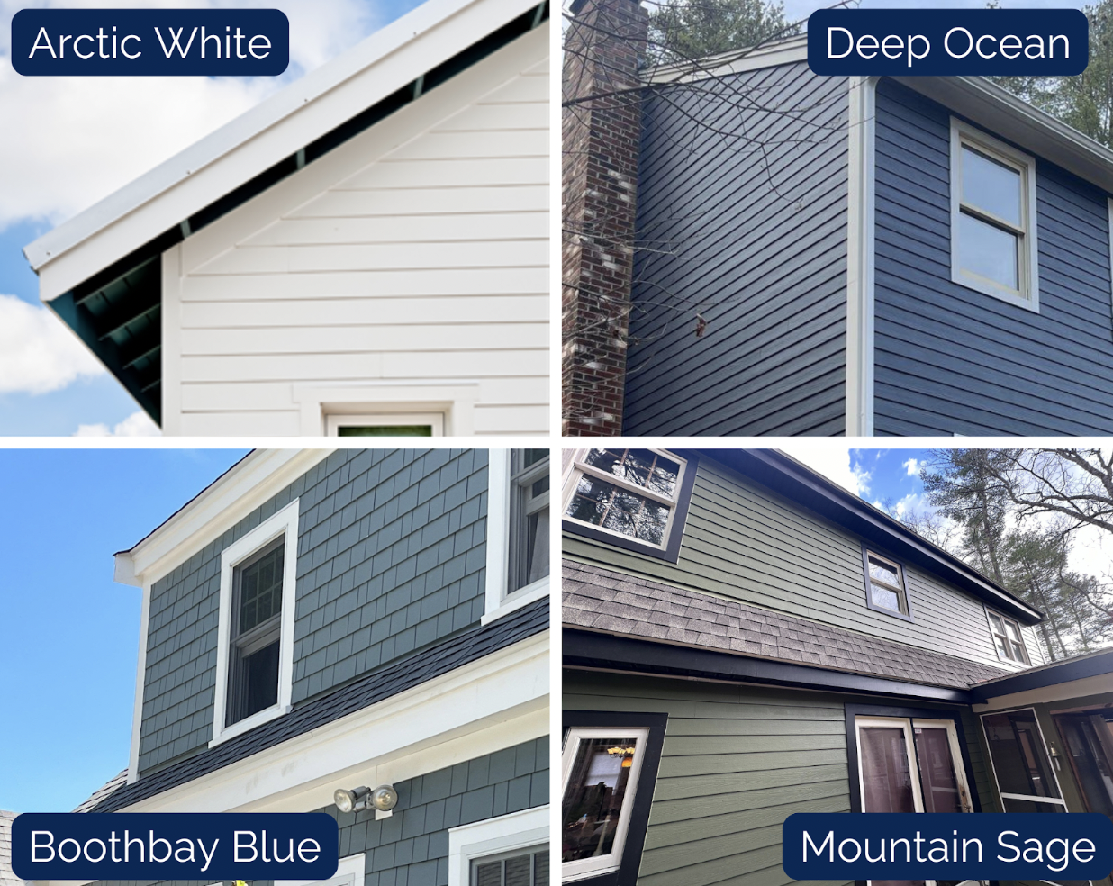 Four images of house exteriors showcase different siding colors for spring home maintenance. Top left: Arctic White siding. Top right: Deep Ocean siding. Bottom left: Boothbay Blue siding. Bottom right: Mountain Sage siding. Each image beautifully captures a section of a building.