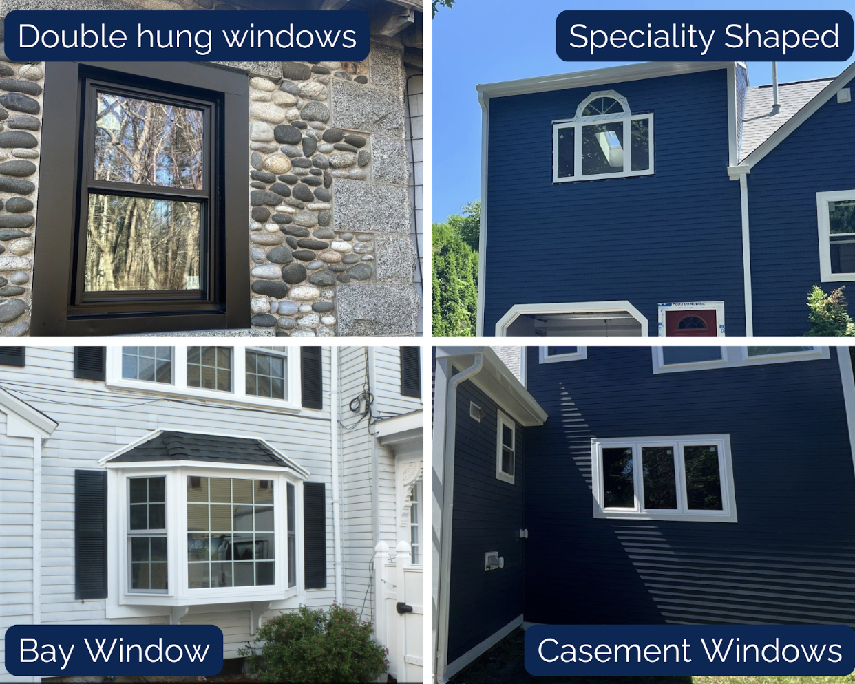 A collage of four window types showcases spring home maintenance: a stone house with a double-hung window, a blue house with specialty-shaped windows, a white house featuring a bay window, and a gray-blue house with casement windows. Each image is labeled for easy reference.