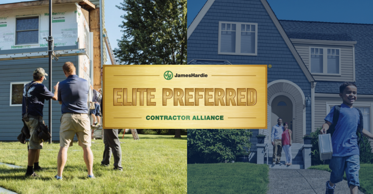 Two-part image showing workers tackling spring home maintenance by installing siding on a house on the left and a smiling boy carrying books outside a completed house on the right. The center features a James Hardie Elite Preferred Contractor Alliance logo.