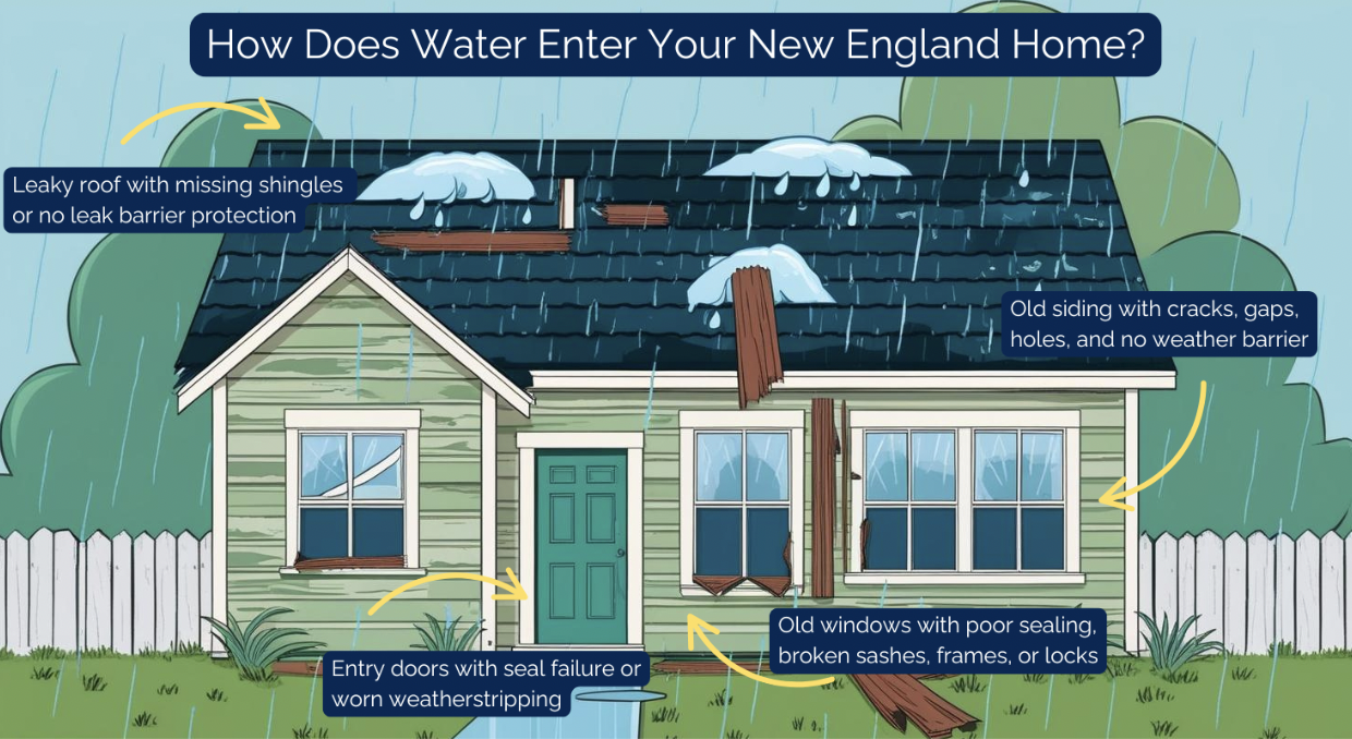 An illustration of a house under rain highlights key spring home maintenance concerns. Labels show water entry points: leaky shingles, old siding with gaps, poor sealing on windows, and doors with seal failure. Rainwater is depicted leaking into the house through these vulnerable areas.