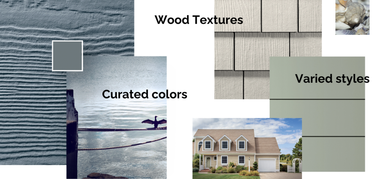 Collage showcasing wood textures, curated colors, and varied styles. Includes a close-up of wood grain, textured wood siding ideal for spring home maintenance, a serene landscape with a bird on a post, a house exterior, and a sample of green paint.