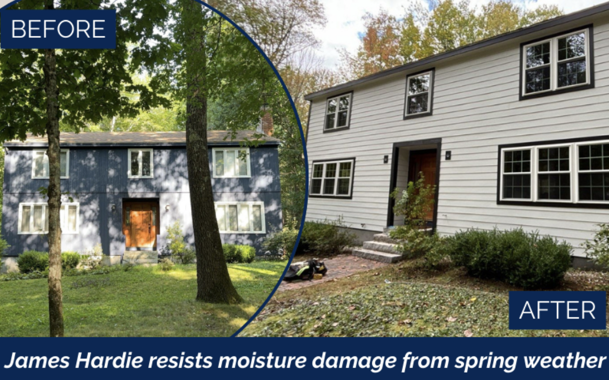 Before and after image of a two-story house surrounded by trees. The left shows the house painted blue with signs of wear. The right shows the freshly painted white home with new windows and a well-maintained exterior. Caption: Spring home maintenance tip: James Hardie resists moisture damage..