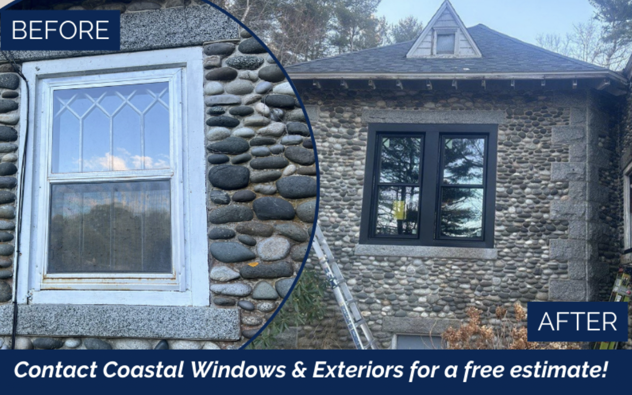 Side-by-side comparison of a window installation: the left shows an old window with a worn frame; the right reveals a new, modern window with a sleek black frame. Text reads BEFORE and AFTER, highlighting spring home maintenance by Coastal Windows & Exteriors.