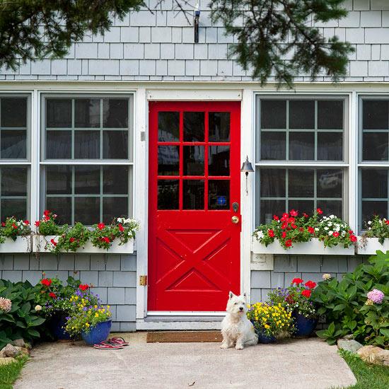 Red charming entry door installed in Tewksbury MA, Northeast MA, Middlesex County home by Coastal Windows & Exteriors