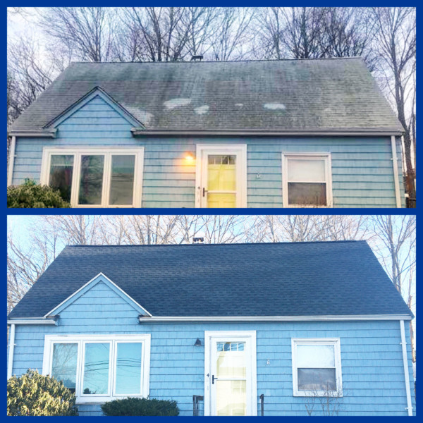 before and after photo of roof with and without algae