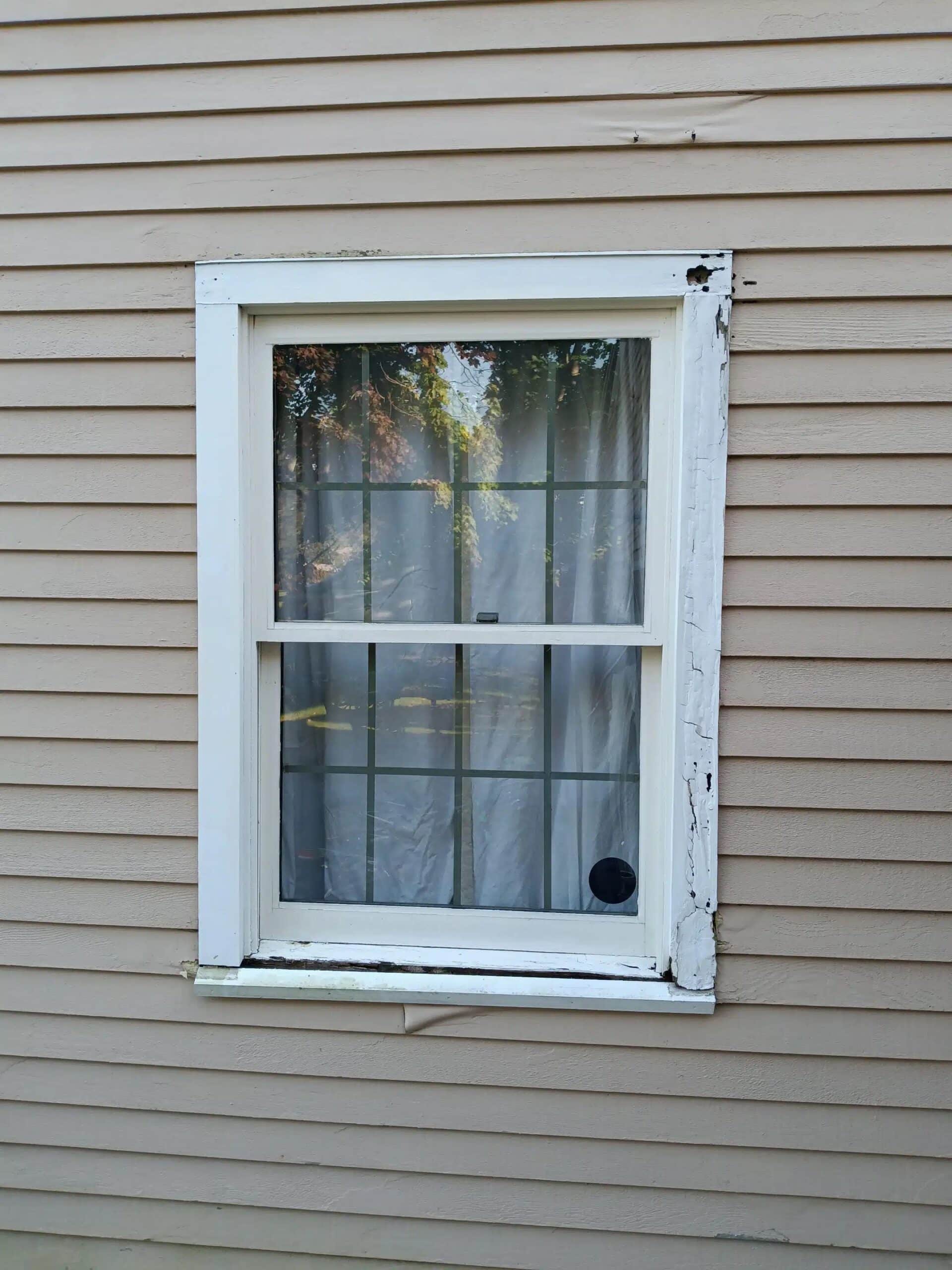 Old wood window with peeling paint and frame rot in Norfolk County Massachusetts home showing moisture damage and water leaks - window replacement needed - Coastal Windows South Shore