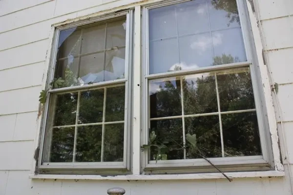 Two older windows show peeling frames, damaged glass, and visible signs of deterioration on a Beverly home. Homeowners researching why do windows get foggy in summer may find that aging materials, poor seals, and inefficient storm windows allow moisture and humid air to collect around the glass.