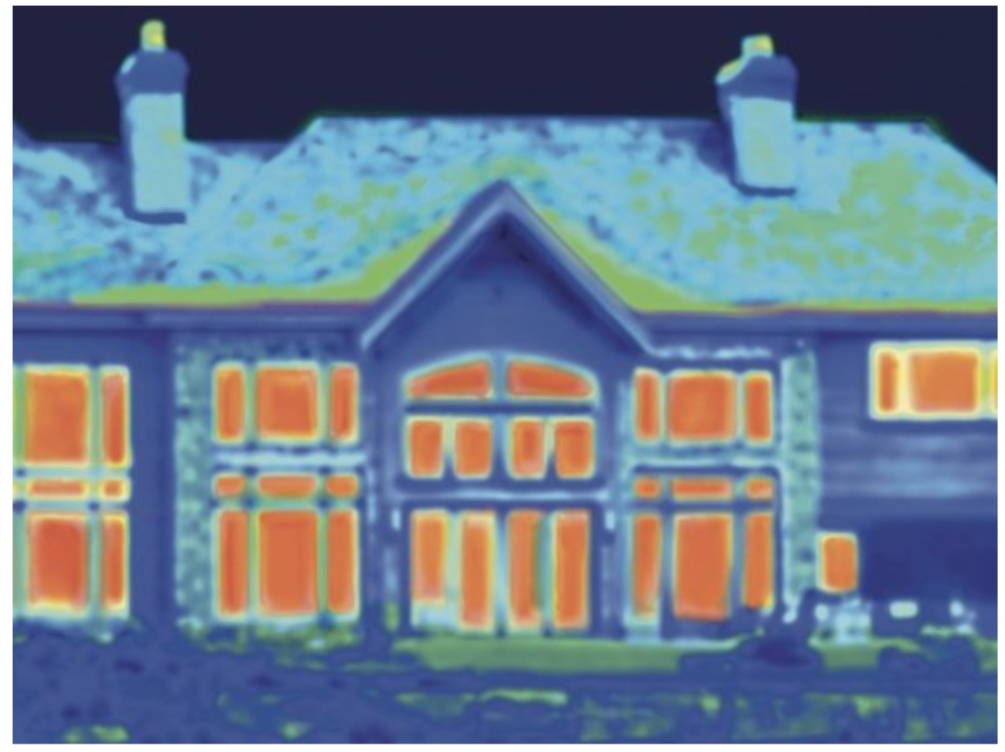 Thermal imaging of a home showing heat loss through walls, windows, and roof, illustrating the need for insulated siding in Wenham, North Shore.