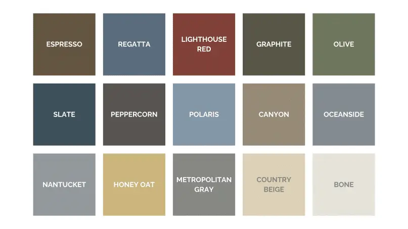 Vinyl siding color swatches featuring top New England shades like Regatta, Polaris, Graphite, and Bone—fade-resistant, no painting needed.