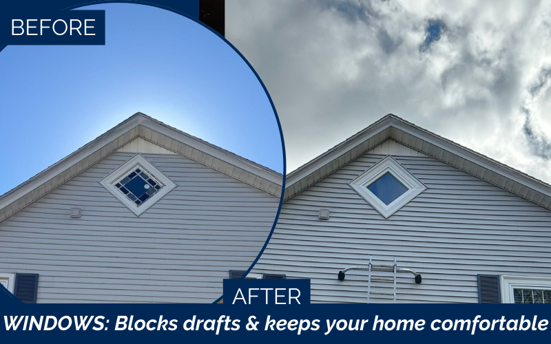 Before and after diamond-shaped gable window replacement that blocks drafts in Peabody, North Shore by Coastal Windows & Exteriors.