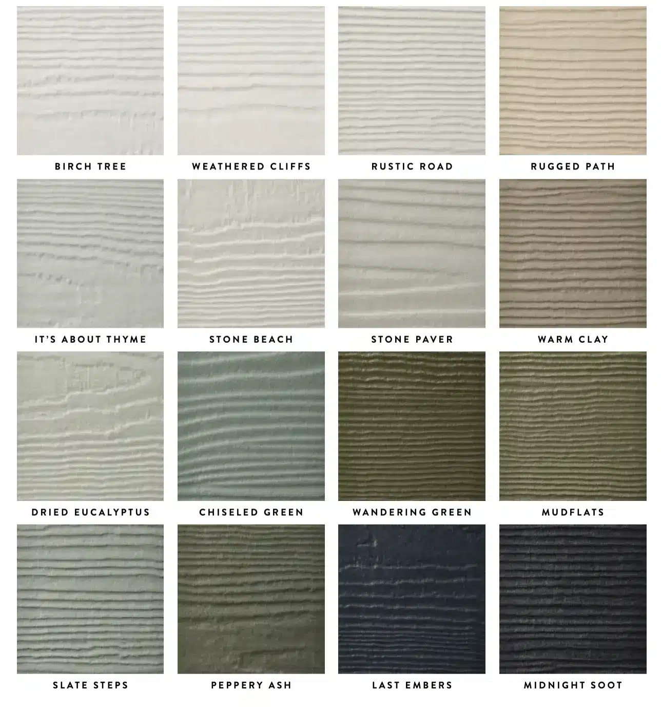 This color palette graphic displays Magnolia Home James Hardie siding colors, ranging from soft neutrals to rich greens and dramatic dark tones. Reviewing James Hardie siding colors helps homeowners confidently select a finish that matches their design goals.