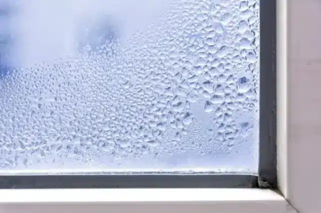 Foggy replacement window with condensation buildup between panes showing why homeowners ask does plastic on windows help in summer for insulation and energy efficiency.