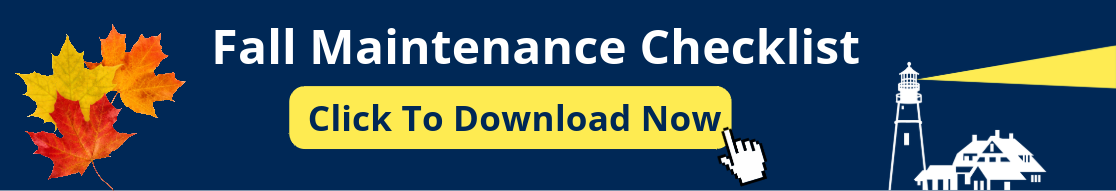 Autumn maple leaves and a coastal lighthouse frame a navy banner inviting readers to download the fall maintenance checklist. Clicking it opens the free, printable version of our ultimate fall home maintenance checklist for New England homeowners.