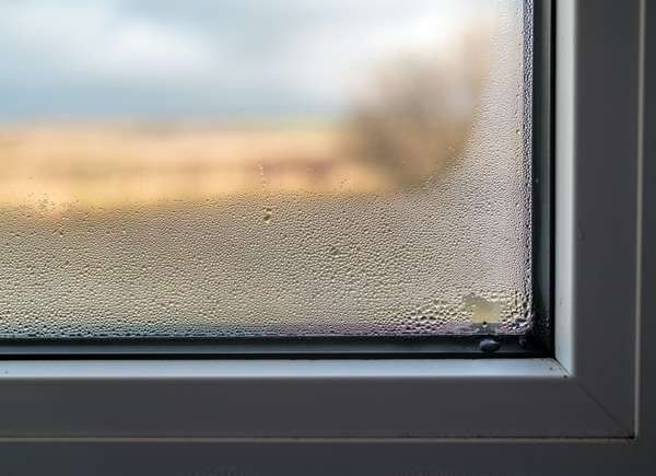 Beads of condensation cloud the glass along the lower edge of a dark-framed window, blurring the autumn view outside. Moisture like this is one of the drafty-window warning signs listed in our ultimate fall home maintenance checklist.