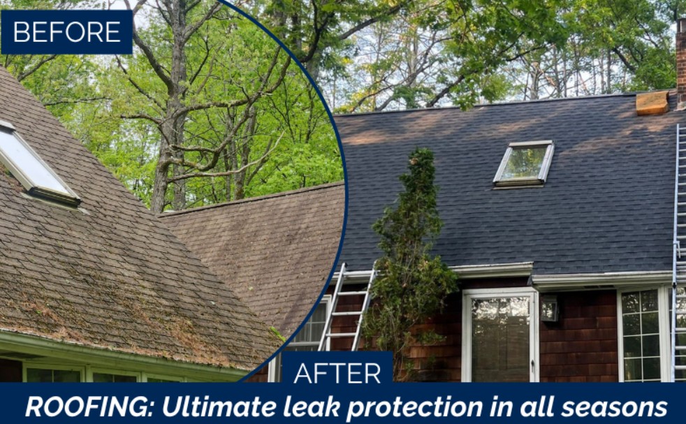 Before and after roof replacement with new dark shingles and skylights on a Lexington, MetroWest home by Coastal Windows & Exteriors.