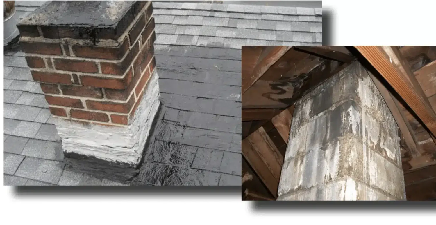 Brick chimney with worn flashing on a shingle roof and water-stained chimney chase in the attic of a Needham, Greater Boston home.