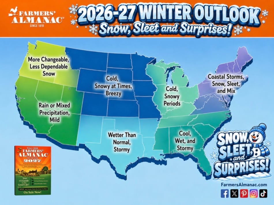 Farmers' Almanac 2026-27 Winter Outlook map predicting coastal storms, snow, sleet, and mix for New England, including Newburyport, North Shore.