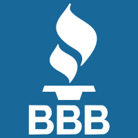 Logo of the Better Business Bureau, featuring a white torch with two flames above the letters BBB on a blue background.