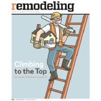 Illustration of a construction worker climbing a ladder while holding a house model and tools. The cover text reads, remodeling: Your Toolbox for Success” with “Climbing to the Top” below.