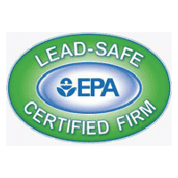 Green oval badge with Lead-Safe Certified Firm around the edges. In the center, the EPA logo is displayed, featuring a blue earth icon with a stylized leaf and water droplet design.
