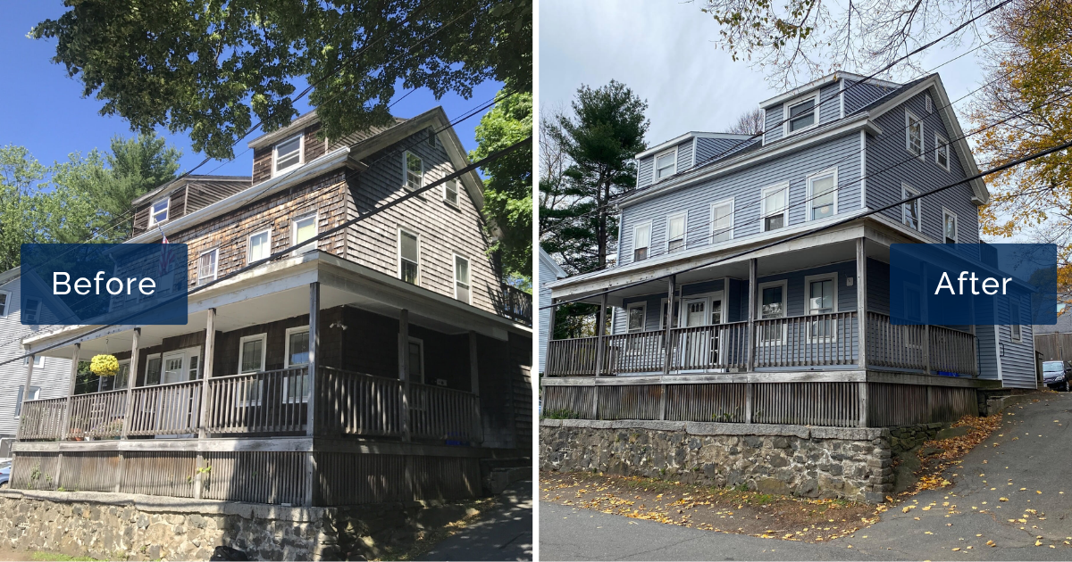 Weathered brown wood shingles on this three-story home with a wraparound porch, left, give way to clean gray-blue vinyl lap siding and white trim, right. The split view shows the coastal curb appeal of a vinyl siding installation in Marblehead MA.