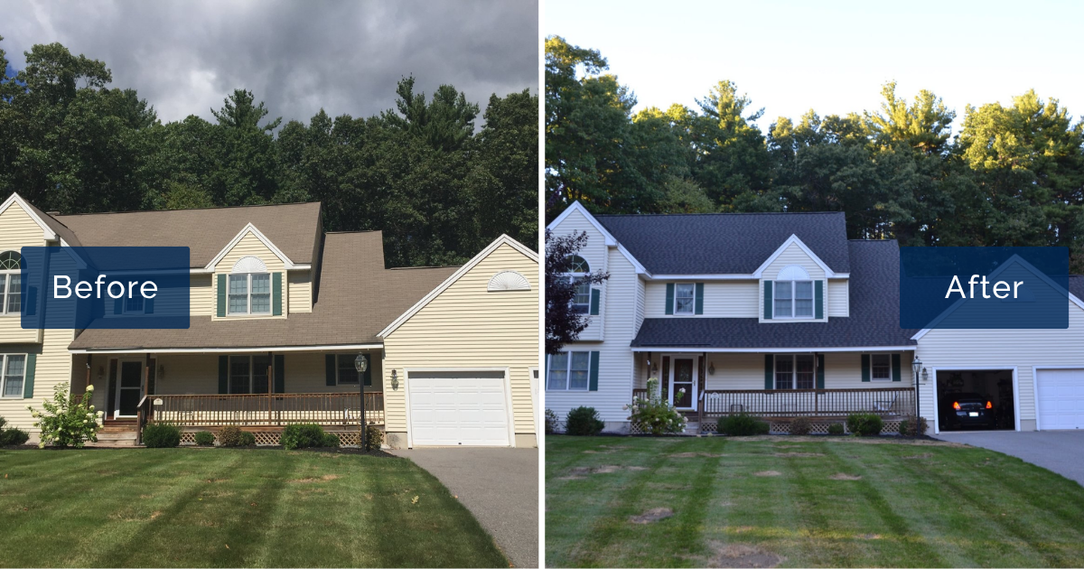 A 22-year-old brown roof on a Methuen colonial under stormy skies is shown beside the same home topped with a new dark GAF shingle roof. The upgrade showcases a new roof in Methuen built to stop ice dams.