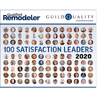 Collage of small headshots of various people on a grid. The text reads Qualified Remodeler, GuildQuality, and 100 Satisfaction Leaders 2020.