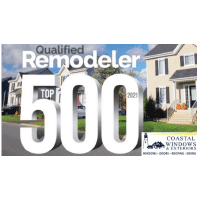 Promotional image for Qualified Remodelers Top 500 in 2021, featuring a neighborhood with large houses. Includes a logo for Coastal Windows & Exteriors, mentioning windows, doors, roofing, and siding.