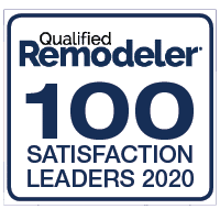 Badge with text: Qualified Remodeler 100 Satisfaction Leaders 2020. The text is blue on a white background, enclosed in a square.