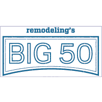 Logo featuring the text remodelings BIG 50 in a bold, blue font against a white background. The words are enclosed within a curved rectangular border.