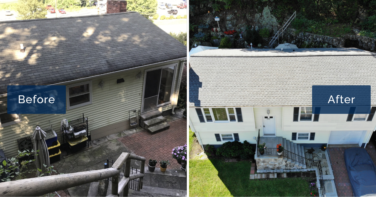 Dark, stained shingles with uneven patches on the left give way to a clean pewter gray GAF roof on the right of this Winchester home. The side-by-side view shows how a new roof in Winchester MA adds leak protection and a fresh look.