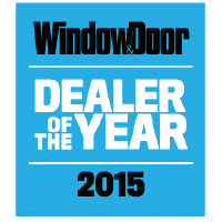 Blue and black graphic that reads Window & Door Dealer of the Year 2015.