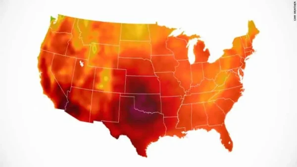 A heat map of the United States shows varying intensity of warm colors, with more red and orange shades concentrated in the southern and central regions, indicating higher temperatures. As these areas heat up, residents may seek tips on how to stay cool without air conditioning.