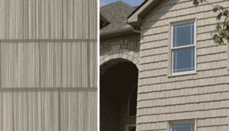 A side-by-side comparison of two exterior wall textures: one is light gray with vertical lines, and the other is a house facade with light beige shingle-style siding, a window, and an arched stone doorway.