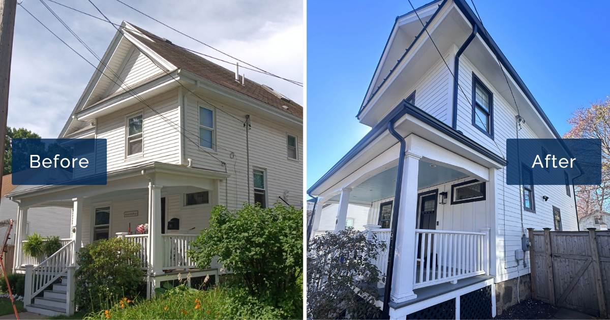 Cracked, faded 1980s vinyl siding on a Beverly two-family is shown beside the same front in Arctic White James Hardie siding with Midnight Black trim and gutters. The bold contrast showcases a Hardie shake installation in Beverly.