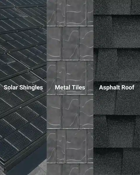 Comparison image of three roofing types: Solar Shingles showing black solar panels, Metal Tiles with gray textured tiles, and Asphalt Roof displaying dark, rough shingles. Each labeled for clarity, highlighting energy-efficient options to consider when choosing between metal or shingle roofs.