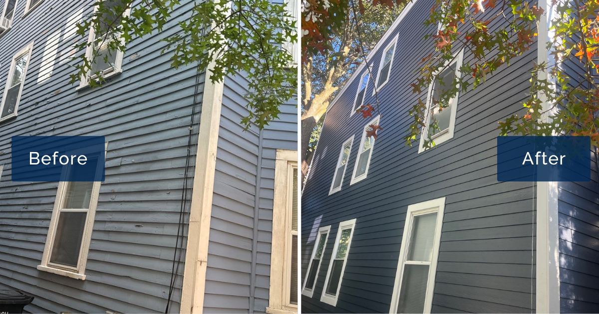 Warped, peeling pale blue clapboards on the left give way to deep navy Cedarmill planks and bright white trim on the right of this Cambridge triple-decker. The split view shows the bold curb appeal of a James Hardie siding installation in Cambridge MA.