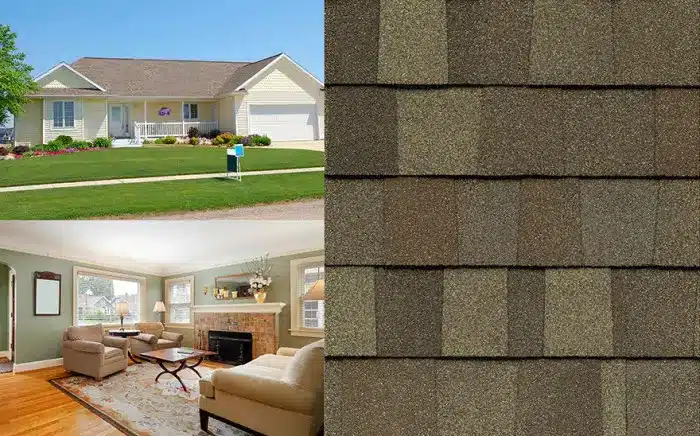 A collage showing a single-story house with a lawn, a cozy living room with a fireplace, and a close-up of brown asphalt roof shingles highlights current home remodeling trends.