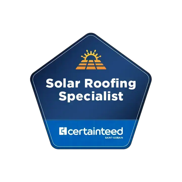 Pentagon-shaped badge with a sun and roof icon at the top, labeled Solar Roofing Specialist. The bottom part displays the logo and name of CertainTeed SAINT-GOBAIN in blue and white.