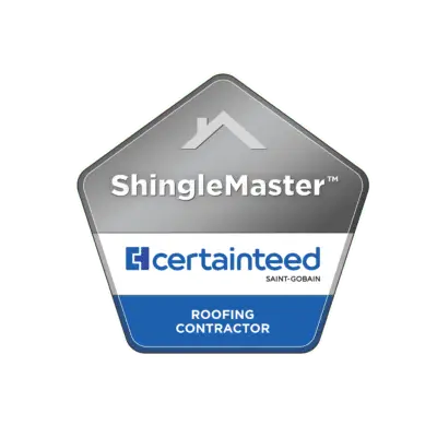 Pentagon-shaped badge with a gray roof icon and ShingleMaster text. Below, a blue and white section features the CertainTeed logo and Roofing Contractor text.