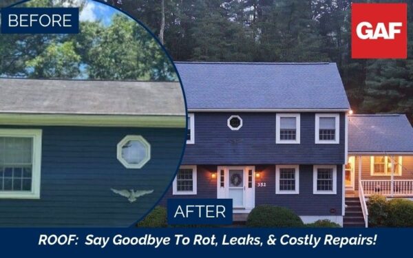 Split-screen image showing a house before and after Roof Installation in Hanson MA. The before side has an old, worn roof, while the after side displays a new roof on a vibrant, well-lit home. GAF logo appears in the top right corner.