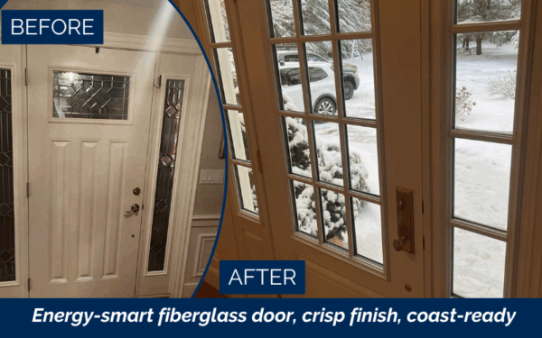 Front door installation in Duxbury MA by Coastal Windows & Exteriors — trusted front door replacement Duxbury MA, exterior door installation Duxbury MA, energy-efficient entry door Duxbury MA, fix drafty doors Duxbury.