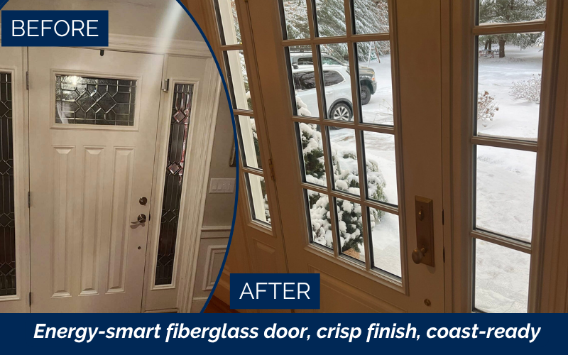 Front door installation in Duxbury MA by Coastal Windows & Exteriors — trusted front door replacement Duxbury MA, exterior door installation Duxbury MA, energy-efficient entry door Duxbury MA, fix drafty doors Duxbury.